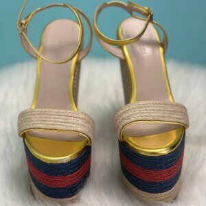 Gucci Gold Metallic Leather Jute Platform Espadrille Sandals Rare Find, 35.5Size